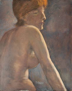 J. Gahill Signed Nude Art Sitting Woman: Side profile of nude woman with red hair signed J. Gahill on bottom. Painted on board. Measures 15 3/4" x 20"