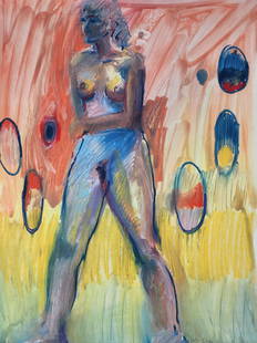 Multi Color Nude Art Pastel Art Drawing: Pastel on paper in bright multi color depiction of a walking nude woman. Signed on bottom by unknown artist. Measures 18" x 24"