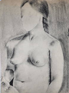 Stylized Nude Woman Charcoal Art Drawing: Signed upper right by unknown artist. Measures 18" x 24" on paper.