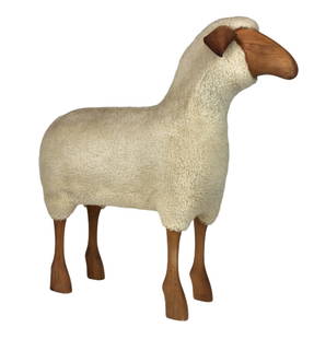 Sheep Sculpture Stool by Hans Peter Krafft: Vintage Scandinavian Modern life size sheep stool by Hans Peter Krafft. Wood and wool with leather ears. Measures 33" x 33" x 11"