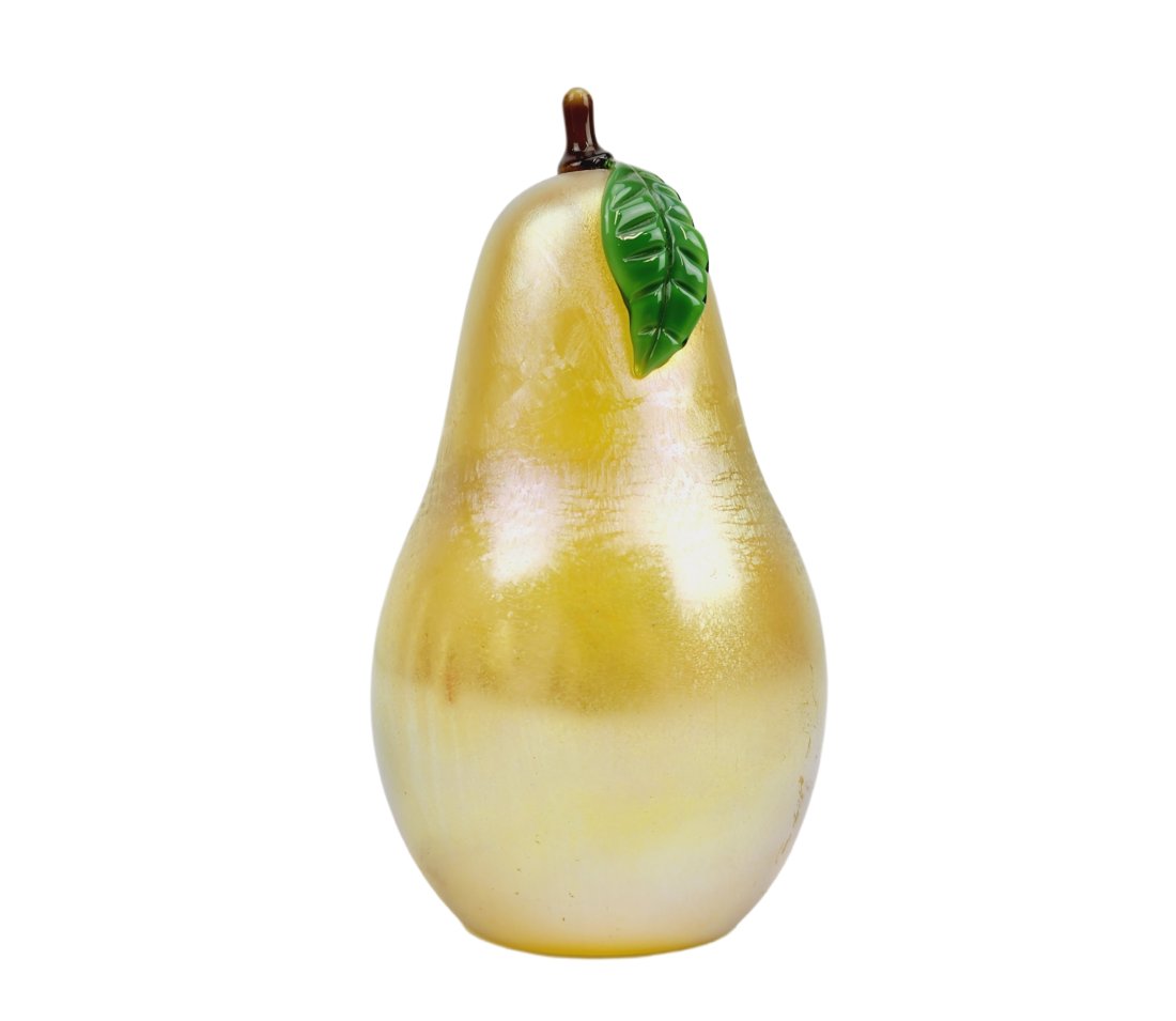 Vintage Orient & Flume Iridescent Glass Pear Sculpture: Vintage glass pear sculpture in iridescent glass by Orient & Flume. Etched on bottom with original paper label. Measures 5 1/4" x 2 3/4"