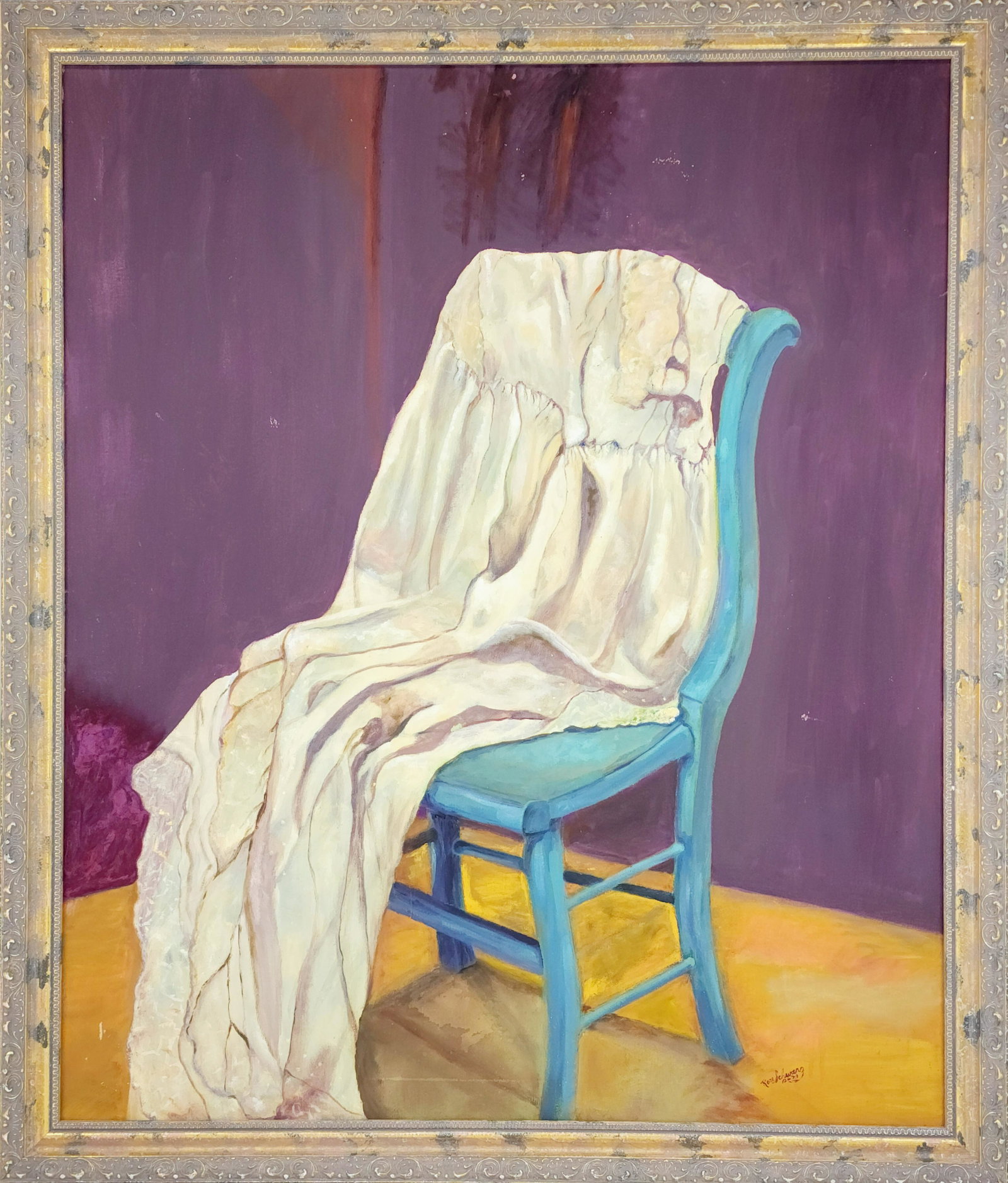 Large Chair Still Life Painting by Mary Schwarz: Mary Schwarz local Atlanta, Georgia artist oil on canvas framed artwork depicting a throw blanket on a chair still life portrait. Measures 34" x 40" total with frame and 30 1/4" x 36" canvas.