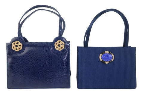 Two Martin Van Schaak Royal Blue Fabric & Lizard Skin Handbags, 1960's: Two 1960's Martin Van Schaak top handle handbags. One is a dark royal blue fabric with a glass medallion decoration on the front and the other is a royal blue lizard skin with gold 'braided'