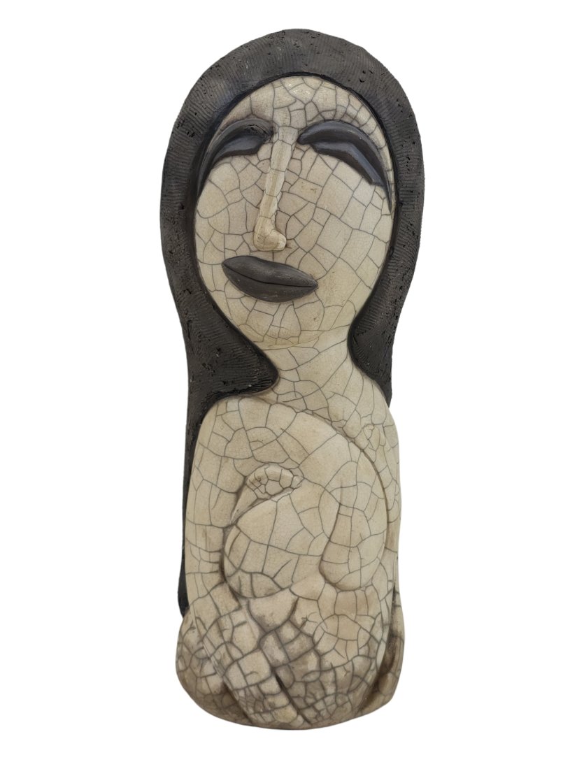 Raku Pottery Nude Woman Abstract Sculpture: Nude art pottery woman sculpture in the manner of Raku pottery. Unmarked. Measures 19 1/2" x 7 1/4" x 6 1/2"