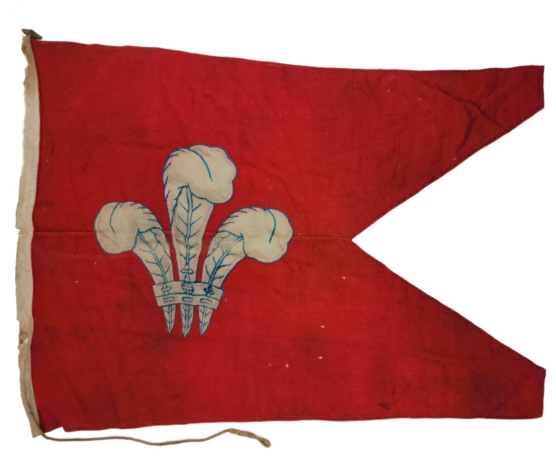 Antique Ship Flag in Red with Feathers: Antique Royal Lily pattern possibly French red and white ship's flag. Unknown country or province. Measures 34" x 42 1/2"