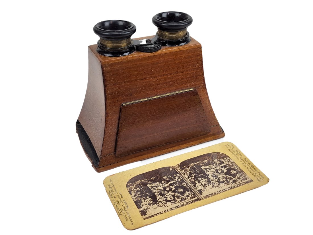 Antique Wood Stereoscope Viewer & Valley of Hell Stereo view Card (1 of 8)