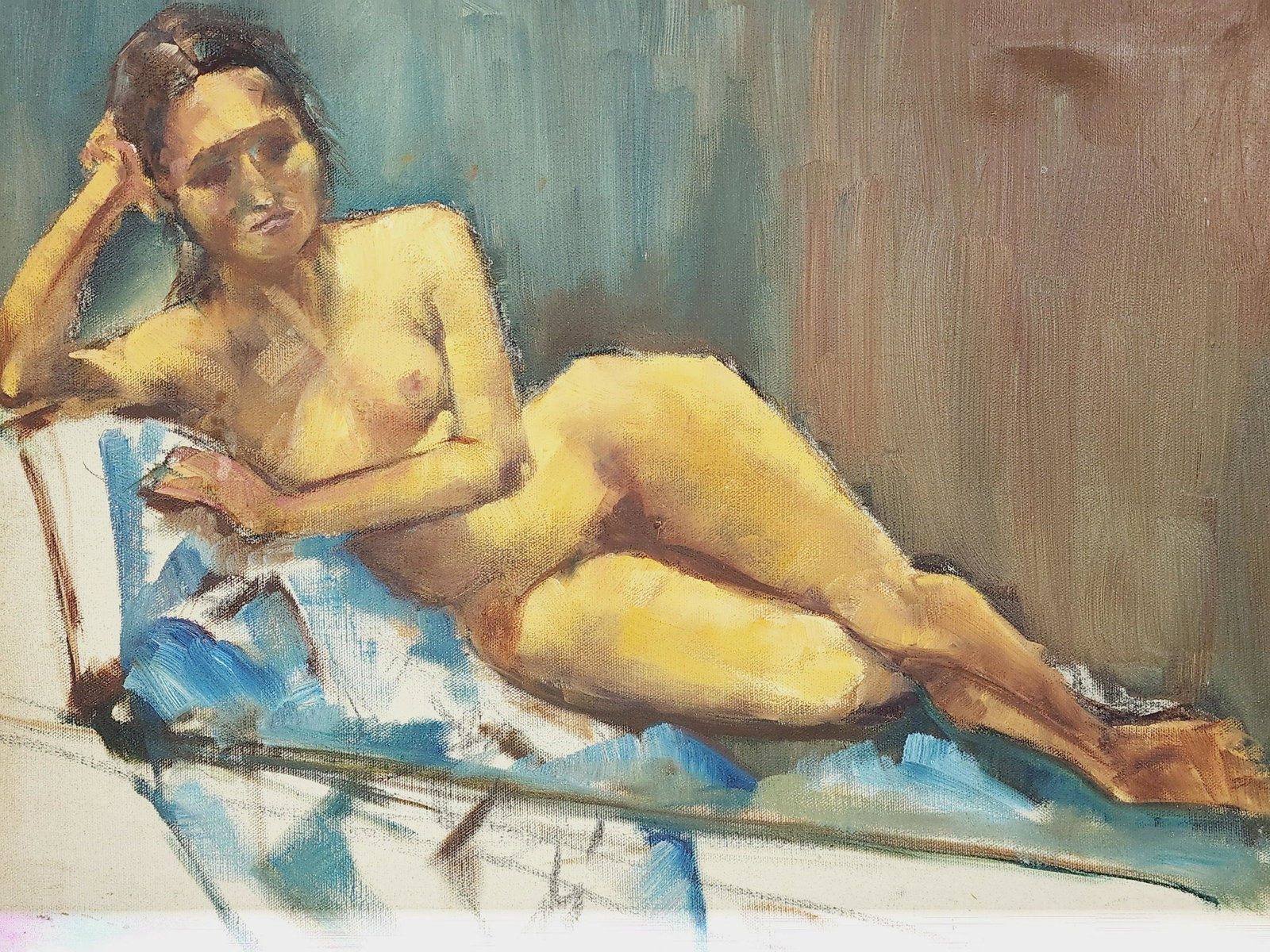 Vintage Reclining Nude Woman Art Painting: Vintage painting on canvas of a nude woman. Possibly student art piece. Unsigned. Measures 16" x 20"
