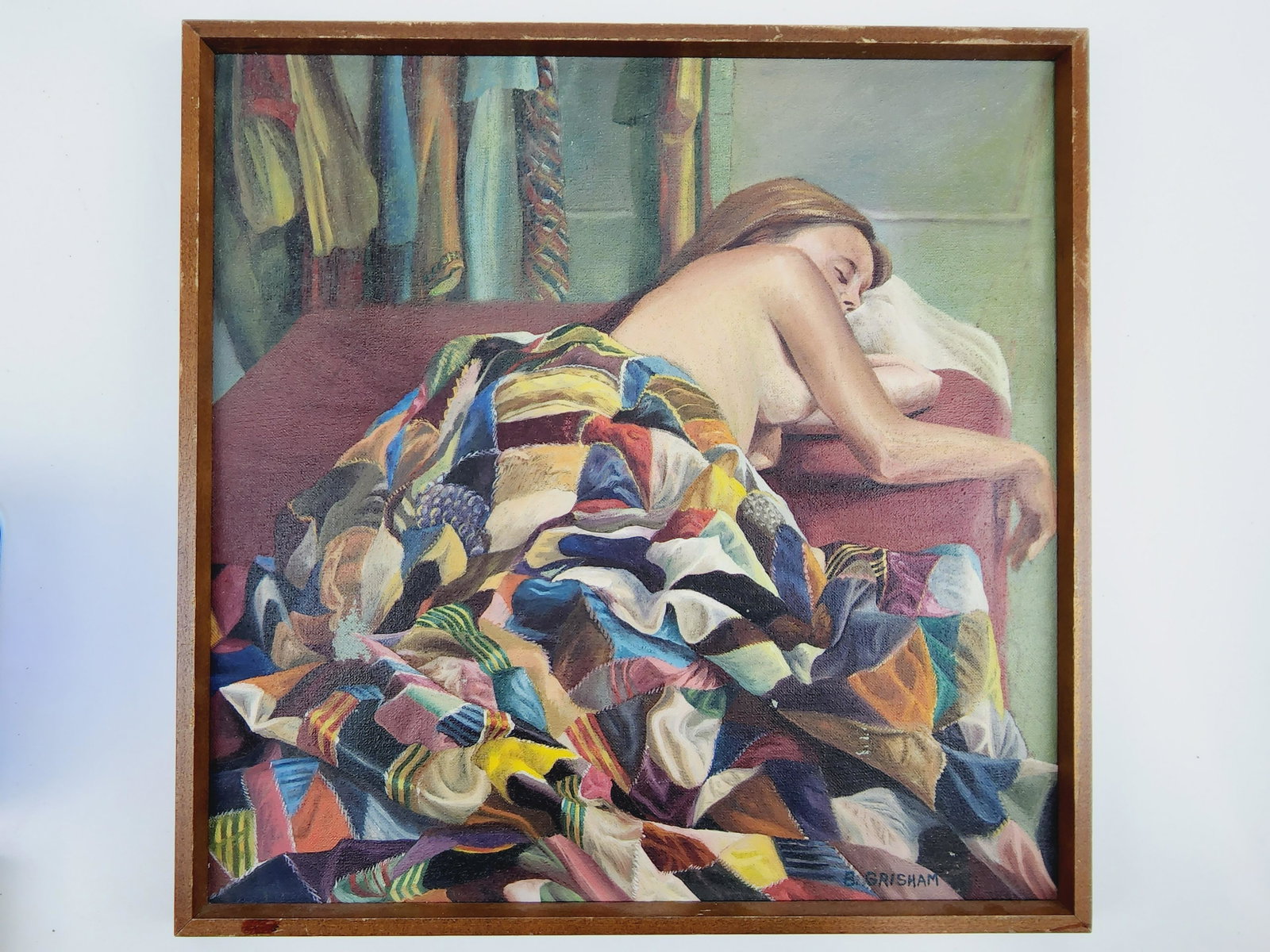 Vintage Oil on Canvas Sleeping Nude 'Patchwork' Painting by B. Grisham: Accepted to the Art League of VA exhibition. Oil on Canvas of a woman sleeping nude with a patchwork quilt blanket. Measures 17" x 17 1/2" total
