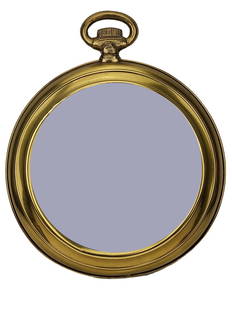 Vintage Brass Pocket Watch Wall Mirror: Large vintage pocket watch form brass mirror. Measures 24" x 20" with a 14" mirror.