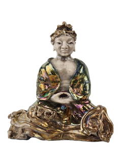 Anita Feng Iridescent Ceramic Buddha Sculpture: Signed Anita Feng Raku pottery Buddha sculpture with Iridescent glaze. Stamp on backside. Measures 14" x 12" x 7"