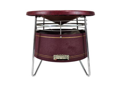 Art Deco Kenmore Hassock Floor Fan: Vintage Sears Kenmore Hassock Floor Fan in maroon red vinyl and stainless base. Measures 14" x 16"