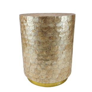 Capiz Shell Designer Decor Side Table: Cylinder shape applied Capiz shell side table. Measures 22 1/4" tall x 17 1/2" wide
