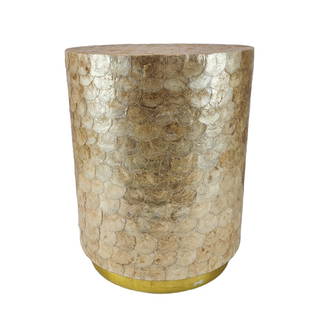 Capiz Shell Designer Decor Side Table: Cylinder shape applied Capiz shell side table. Measures 22 1/4" tall x 17 1/2" wide