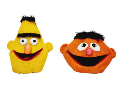 Vintage Bert & Ernie Foam Pop Art Mask Costumes: Hand-made Bert & Ernie foam Lifesize costume masks by unknown maker or artist. Well crafted. Measure 13" to 18" tall x 14" to 18" wide x 11" deep.