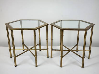 Mastercraft Hollywood Regency Faux Bamboo Brass Side Tables: Vintage brass hexagon side tables by Mastercraft with glass tops. Measure 16" x 15 1/4"