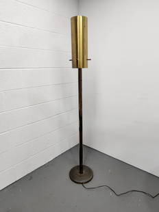 Art Deco Brass Lightolier Torchiere Floor Lamp: Vintage modern design brass floor lamp by Lightolier. Measures 65 1/4" with 17 1/2" shade and 11" base.