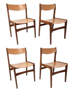 Mid Century Danish Modern Erik Buch Teak Chairs: Set of 4 Danish Modern Teak dining chairs designed by Erik Buch. Stamped made in Denmark. Measures 31" x 19" x 17 1/2" total with 17" seat height, 16" seat depth and 15" back height.