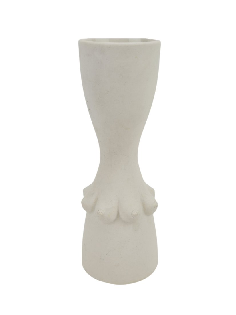 Jonathan Adler Camille Erotic Art Vase Hand Signed: White ceramic nude art vase by Jonathan Adler. Stamped and hand signed on bottom. Measures 8" x 2 5/8" with 2 1/4" opening.