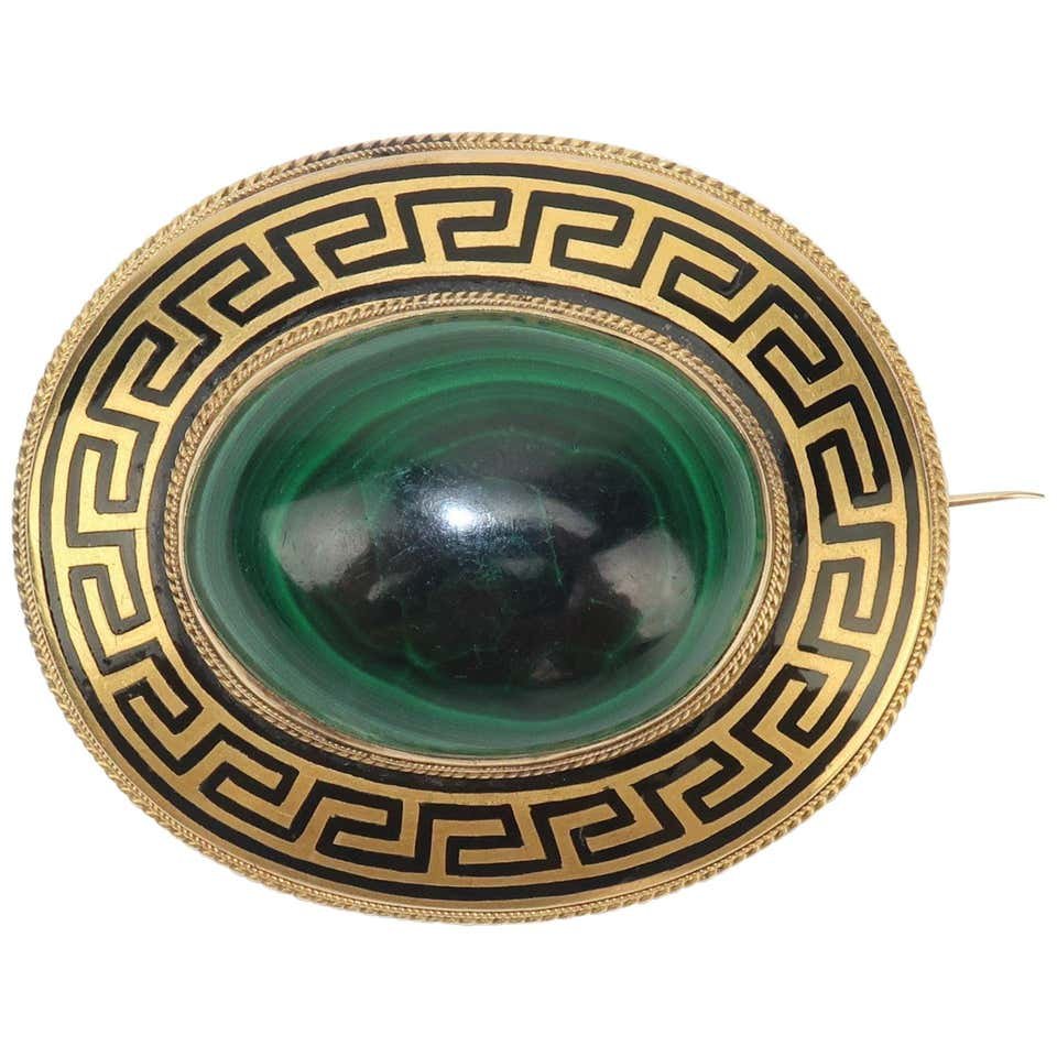 Victorian Malachite & Gold Brooch With Black Greek Key Enamel (1 of 8)