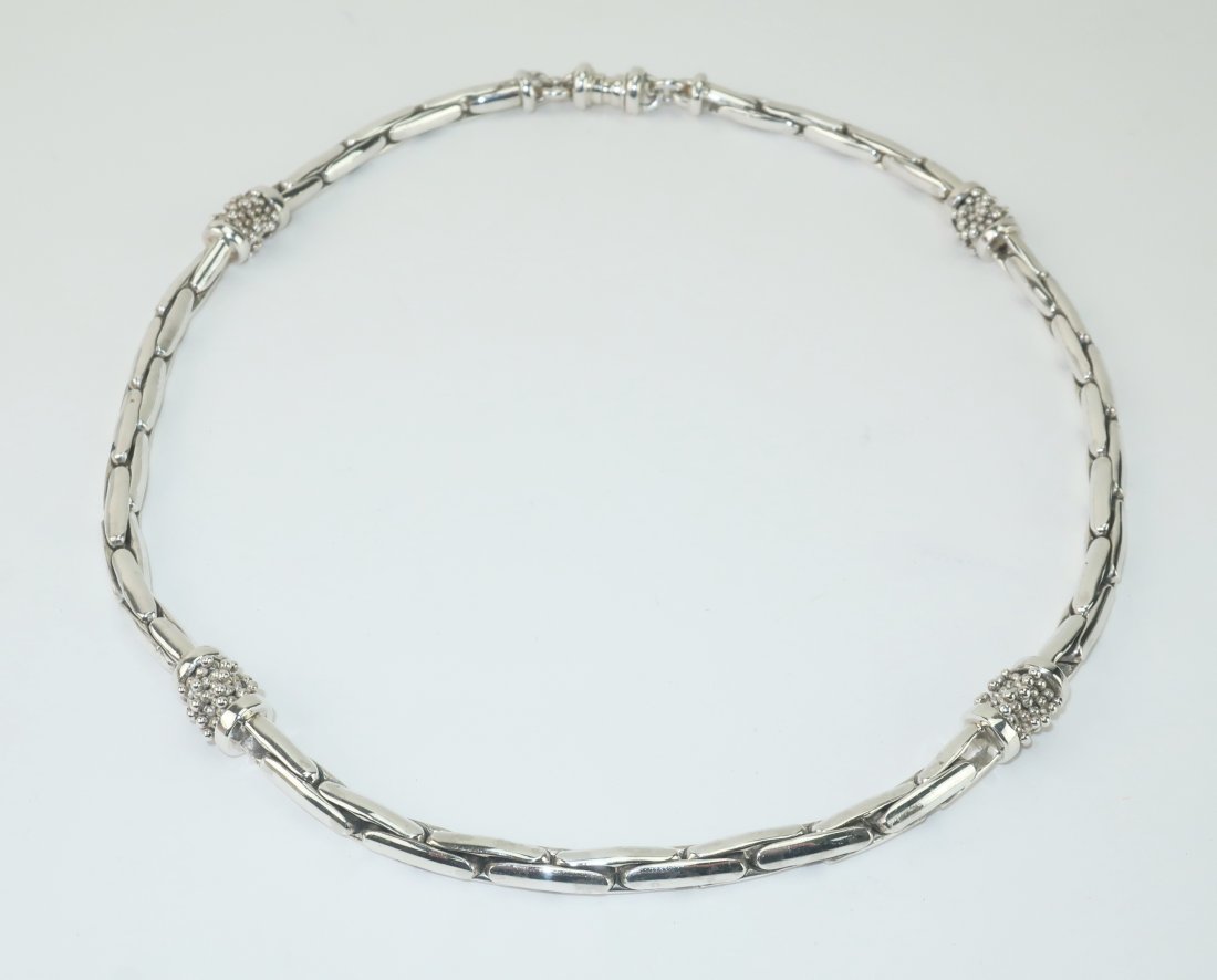 Michael Dawkins Modernist Sterling Silver Choker Necklace: Michael Dawkins sterling silver choker necklace with serpentine style links accented by Dawkins' iconic 'beading'. The push pin clasp provides a secure and seamless closure. Apparently unsigned. Dust 