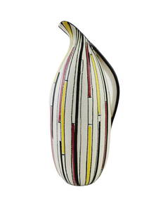 Aldo Londi Bitossi for Raymor Italian Modern Pottery Pitcher: Multi-color stripe glaze pottery pitcher by Bitossi for Raymor circa 1950s. Marked on bottom. Measures 9 3/4" x 5" x 4" with 3/4" opening.