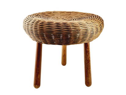 Tony Paul Wicker Rattan Foot Stool MCM: Vintage wicker rattan with wood tri-leg footstool attributed to Tony Paul. Measures 16" tall x 17" diameter.