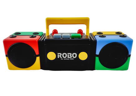 Sanyo 1980's Post Modern ROBO Casette Boombox: Vintage 80s post modern primary color block ROBO casette player by Sanyo - For Curious Kids Collection. Working condition. Measures 4 1/2" x 15" x 4 1/2".