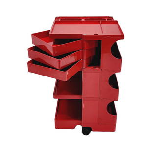 Joe Colombo Red Boby Trolley Art Office Cart: Vintage Red molded plastic art/ office tray system designed by Joe Colombo circa 1969. Measures