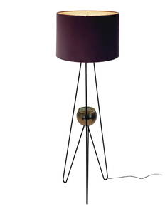 Mid Century Hairpin Metal Planter Floor Lamp: Hairpin metal leg floor lamp with round planter by unknown maker or designer. Milk glass diffuser and purple shade included. Measures 58" tall total with an 18" shade, 14" base and 5 1/2" planter.