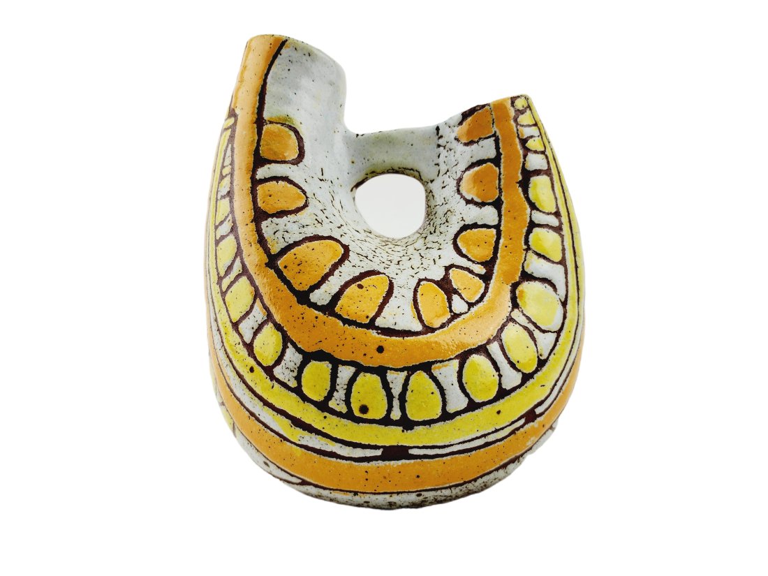 Vintage Mid Century French Modern Accolay Pottery Pitcher: Vintage French art pottery pitcher in yellow, white and orange by Accolay circa 1950. Stamped on bottom. Measures 9 1/2" x 8" x 7".