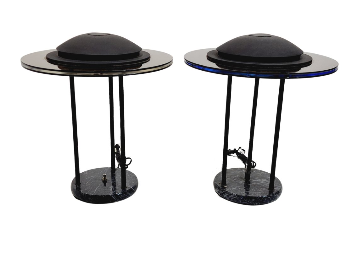 Robert Sonneman for George Kovacs Saturn Stone Base Post Modern Lamp Pair: Pair of post modern Saturn shape stone base table lamps with smoke glass shades designed by Robert Sonneman. Base is either marble or granite. Measure 15 1/2 "x 16" x 8" each.