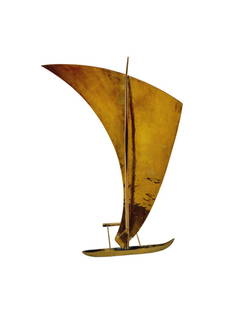 Vintage Richard Rohac Austrian Sailboat Outrigger Brass Sculpture: Stamped made in Austria on base by RR - Richard Rohac. All brass sailboat sculpture. Measures 12 1/2" x 8" x 3 1/4".