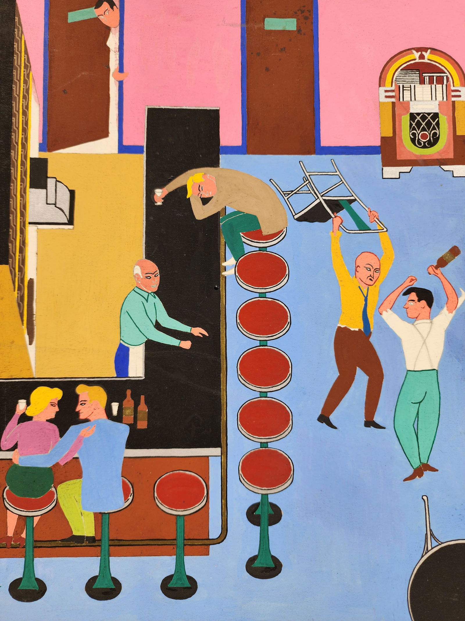 Vintage Bar Fight Painting Folk Art on Board: Vintage painting on board depicting a bar fight scene done by a student of Art School of Design. Signed on backside. Measures 8 1/2" x 11".