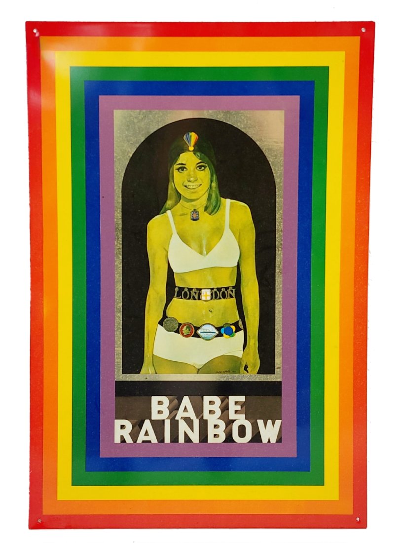 Babe Rainbow Tin Screenprint By Sir Peter Blake: Original Sir Peter Blake 'Babe Rainbow" color screenprint on tin produced by Dodo Designs, c.1968. Blake was best known for designing the Sgt. Pepper's Lonely Hearts Club cover, he is considered the g