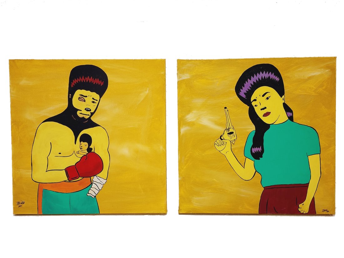 Canvas Pop Art Boxing and Gun Couple Portraits Signed: Pair of unusual Pop Art Boxer and Pistol art paintings signed lower right by unknown artist. Measures 20" x 20" x 2 1/2" each.