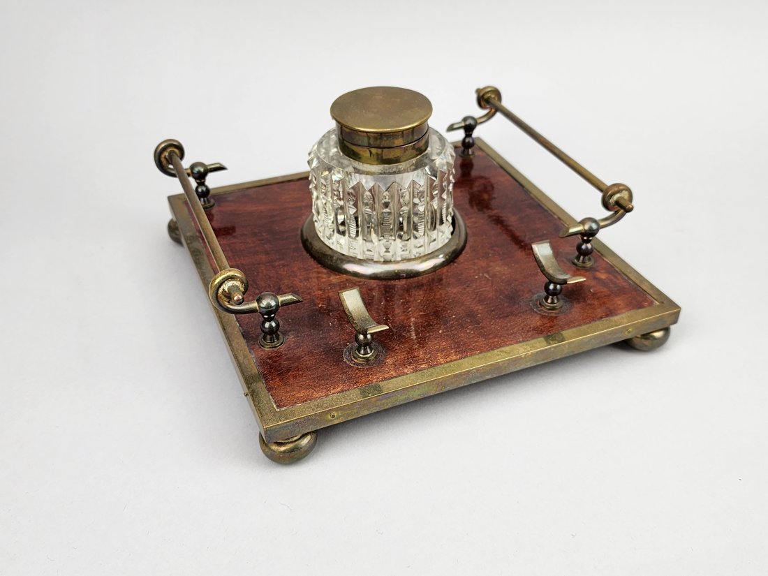 Antique Inkwell, Cut Crystal & Brass Victorian Era w/ Stand (1 of 4)