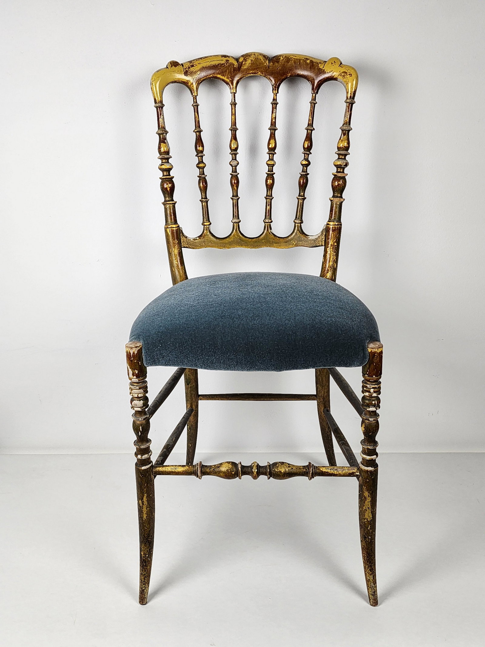 Antique Chiavari Wood Chair: Antique Chiavari wood chair with new light blue upholstery. Measures 36" x 15 1/2" x 19".