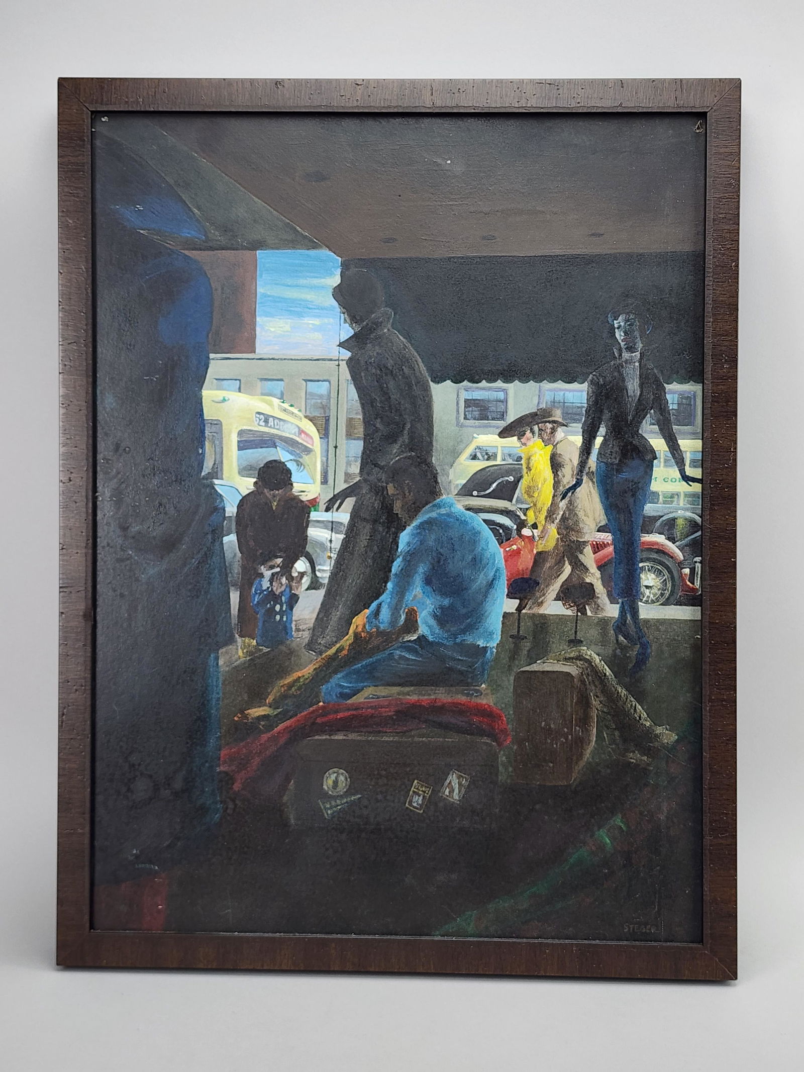 Bus Stop Painting on Board Signed Steger (1 of 10)