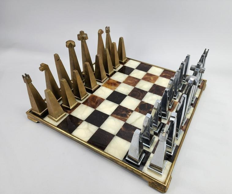 Vintage Modern Design Stone & Brass Chess Set (1 of 11)
