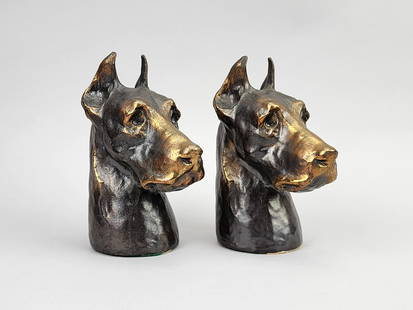 Vintage McClelland Barclay Style Metal Great Dane Head Bookends: Vintage Great Dane Dog head metal with bronzed finish bookends. Measure 7" x 3 1/4" x 6" each.