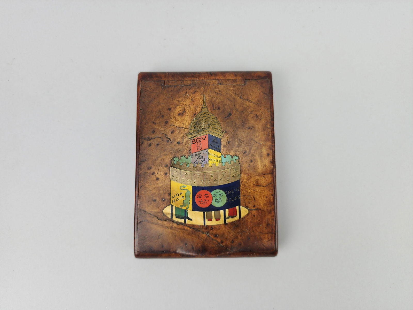 Vintage French Enamel Brass Inlay Burled Wood Cigarette Case (1 of 7)