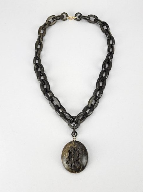 Antique Victorian Bog Wood Mourning Necklace with Locket Pendant: Antique Victorian Era mourning necklace with locket pendant. Measures 10" long closed with 2" locket and 19 1/2" long open.