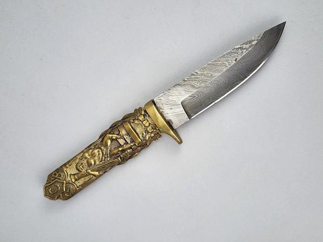 Knights of Pythias FCB Fraternal Masonic Brass Handle Knife: Brass handle relief knife with FCB and Samson from the Bible detailed handle. Blade has some design as well. Measures 8 3/4" x 1 1/2" with 4 3/4" blade.