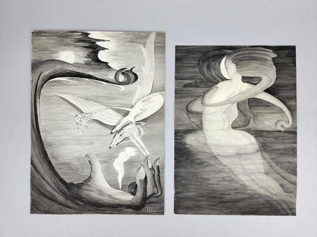 L. Hart "Pegasus" & Nude Female Figures Black & White Watercolor Paintings Unframed: Pair of Art Deco style nude woman figures and pegasus black and white art paintings on paper. Signed L. Hart