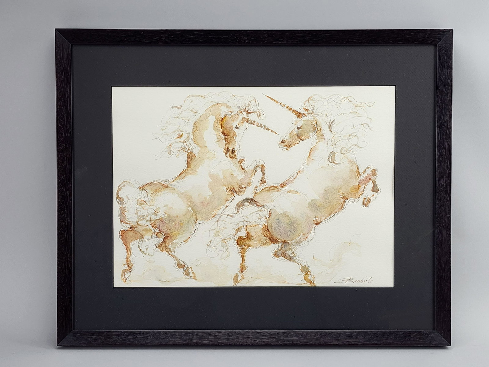 Vintage Charles Burdick Original Horse Watercolor Painting: Vintage abstract unicorn watercolor on thick white paper by Charles Burdick signed lower right. Professionally framed. Measures 16" x 20" total with 10" x 14 1/4".