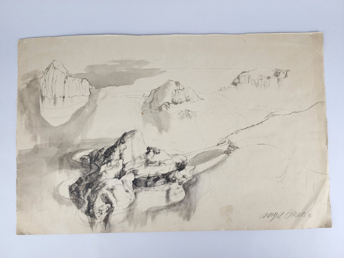 Vintage Mountain Valley Watercolor Mixed Media Drawing Signed (1 of 5)