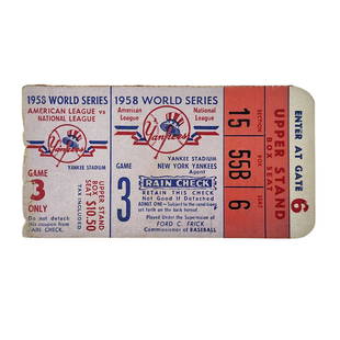 1958 World Series Game 3 Ticket Stub, New York Yankees vs Milwaukee Braves: Vintage 1958 World Series Game 3 Ticket Stub, New York Yankees vs Milwaukee Braves Measures 2 1/4" x 4 1/4"