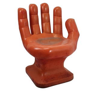 Vintage Retro Hand Chair Pop Art Furniture: Vintage plastic mold hand shaped chair in red/orange color. Measures 35" x 32" x 25".