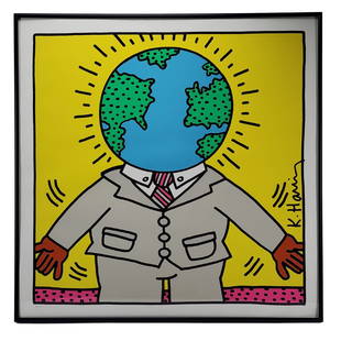 KEITH HARING "Global Man" 1990 Pop Art Serigraph Special Editions Limited 518/100: Vintage 1990 "Global Man" Pop art serigraph by Keith Haring signed in print. Limited printing 518/1000. Depicts man in a suit with earth globe for head in bright colors. Professionally framed. 