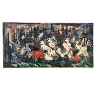 Mid Century Football Action Painting on Canvas: Vintage abstract expressionist style 1961 painting of football players on the field signed Douglas lower left. Painted on stretched canvas. Measures 18" x 36".